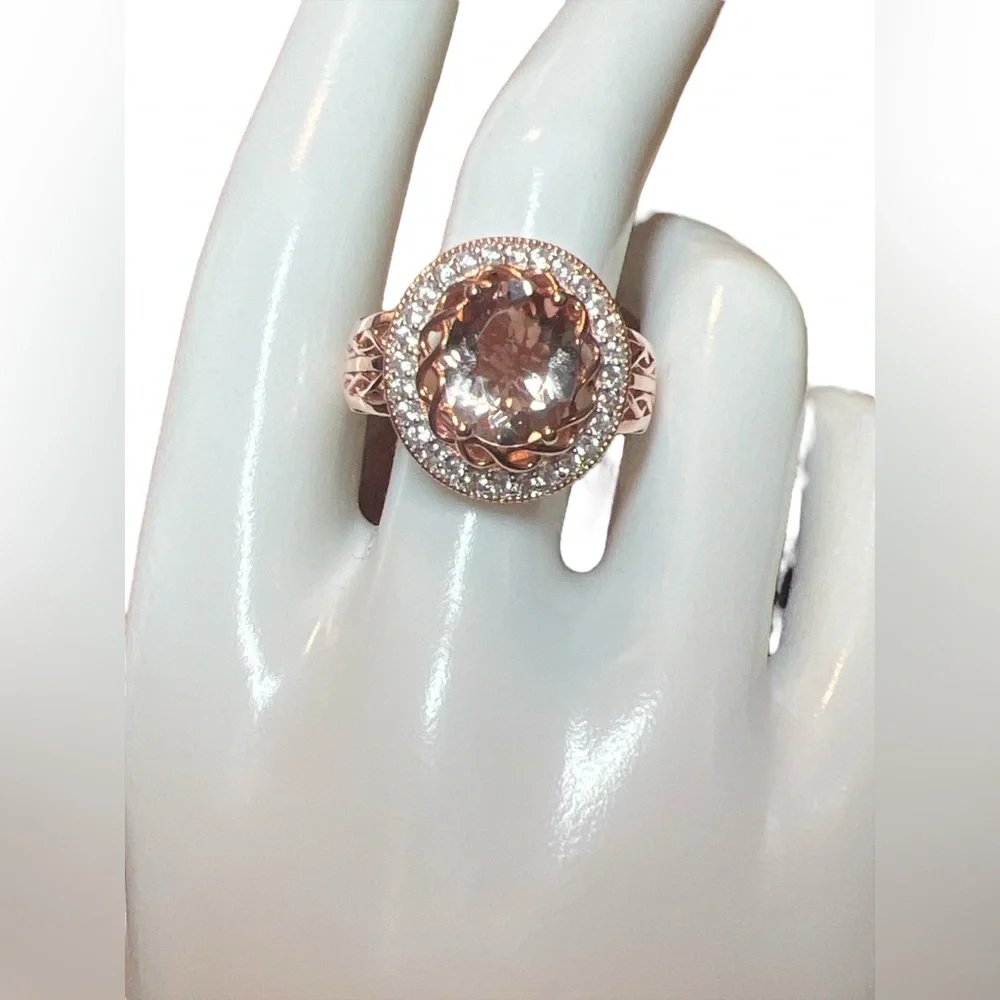 Peach Morganite Ring Rose‎ Gold Plated Filigree .925 Silver Tested US Size 11
